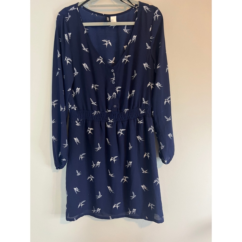 H&M Divided Navy Blue Bird Swallow Print Long Sleeve Smocked Mini Dress Size 6